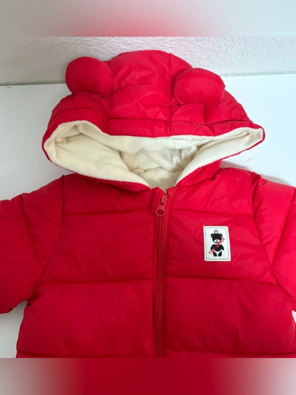 Kids Red Puffer One-Piece Snowsuit with Hood